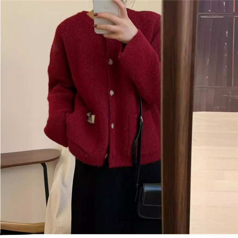 Solid Color Round Neck Single Breasted Knit Cardigan