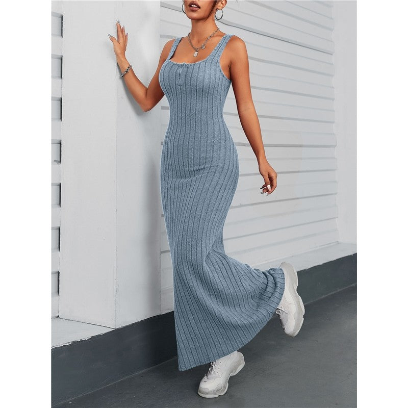 Solid Color Sleeveless Square Neck Slim Knitted Maxi Dress