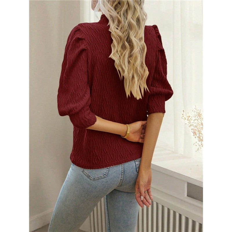 Solid Color Half Turtleneck Half Sleeve Pullover Blouse