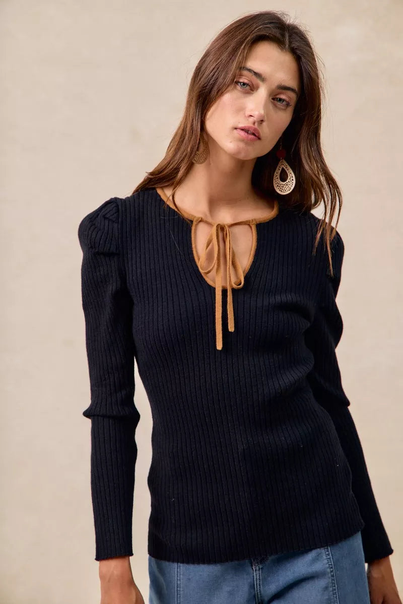 Ribbed Contrast Front Tied Top with Shrried