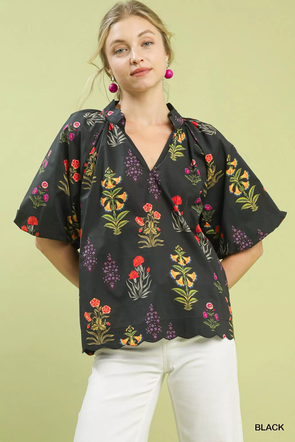Floral Print Puff Sleeve Scallop Hem Blouse