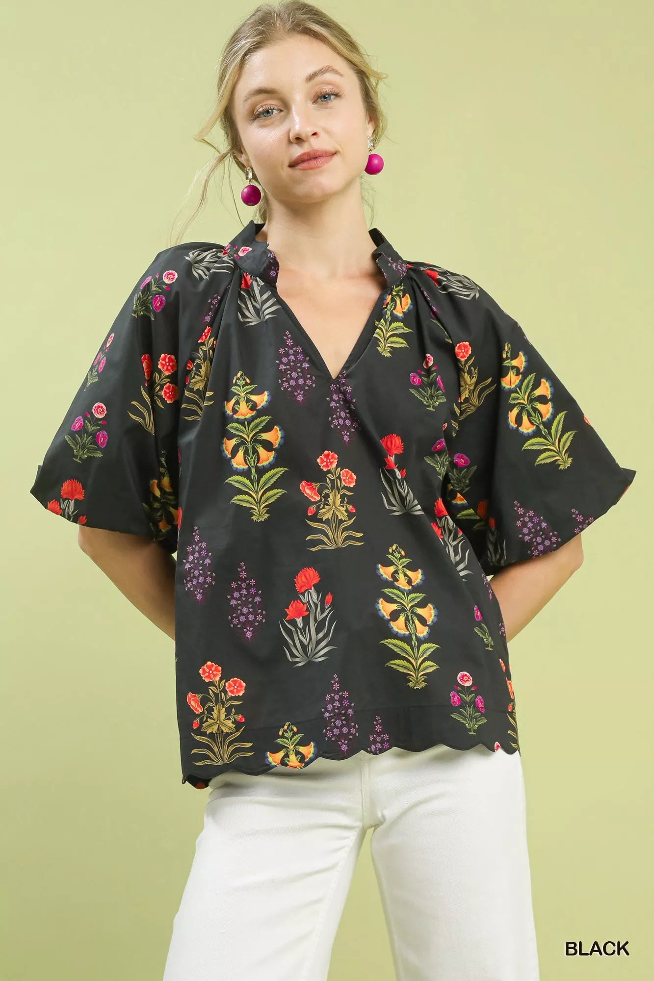 Floral Print Puff Sleeve Scallop Hem Blouse