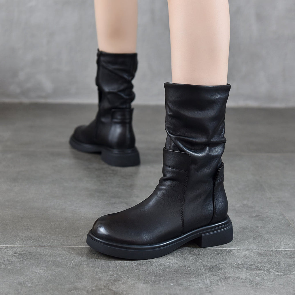 Women's Round Toe Genuine Leather Mid-Calf Boots | Chunky Heel Side Zipper