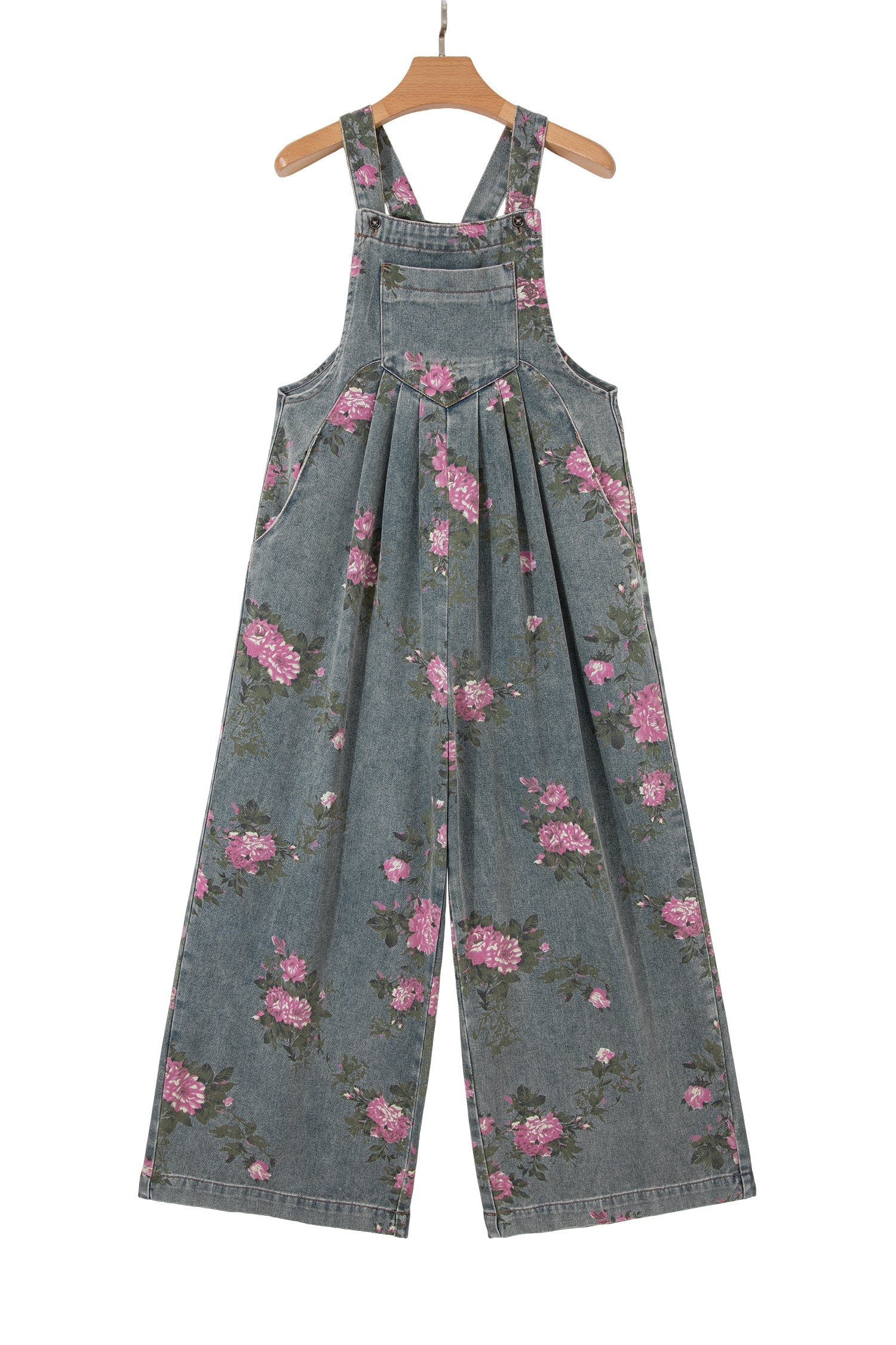 Gray Beau Floral Print Pleated High Waist Wide Leg Denim Jumpsuit