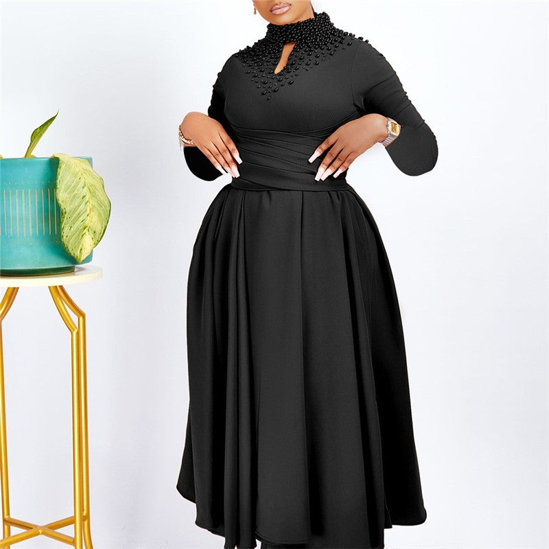 Chic High Neck Beaded Waist Ball Gown Dress for a Flattering Silhouette
