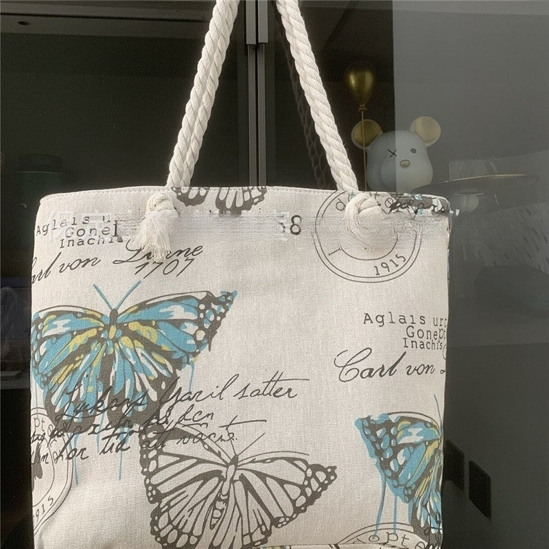 Printed Canvas Tote Bag with Stylish Rope Handles