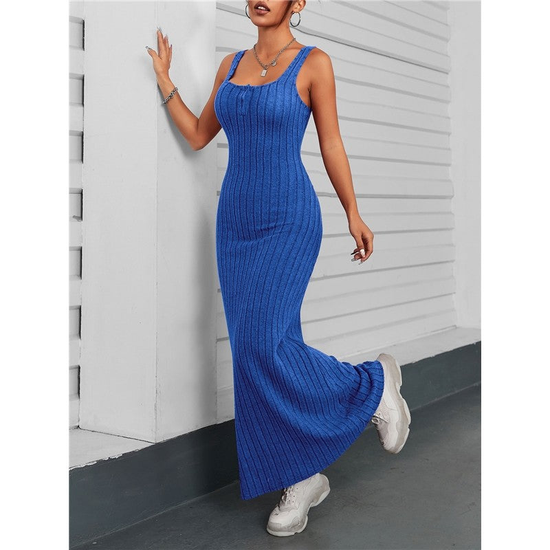 Solid Color Sleeveless Square Neck Long Knitted Dress