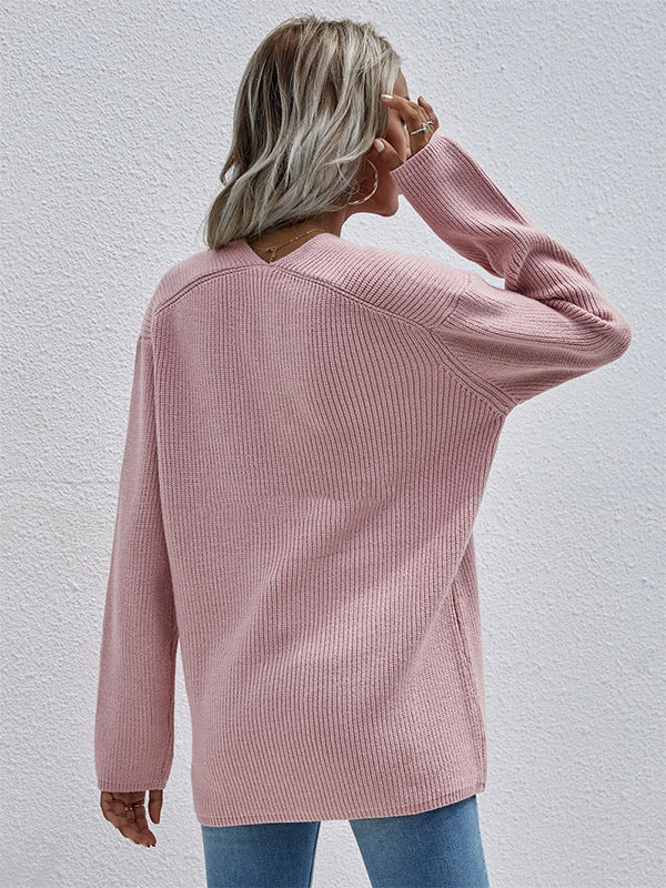 Casual Loose Solid Color V-Neck Sweater Tops