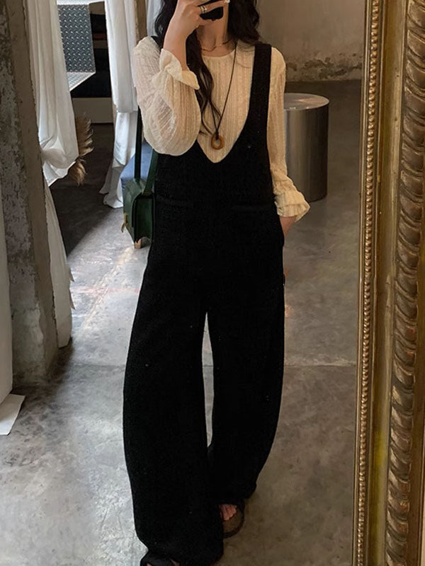 Loose Sleeveless Pockets Solid Color Collarless Overalls