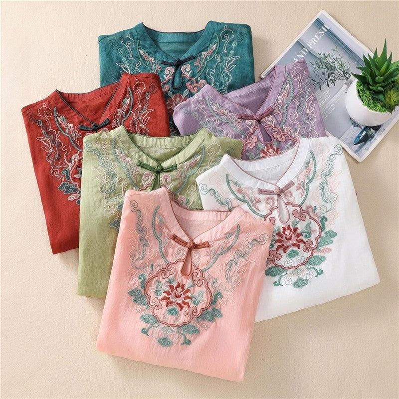 Embroidered Buttonholes Loose Fit Short Sleeve Shirt