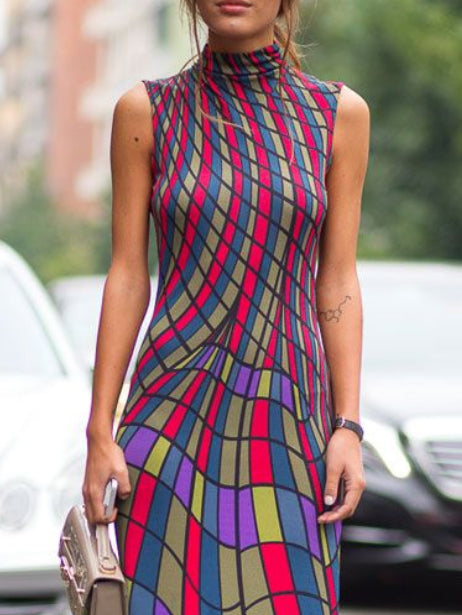 Skinny Sleeveless Contrast Color Plaid Printed High Neck Maxi Dresses