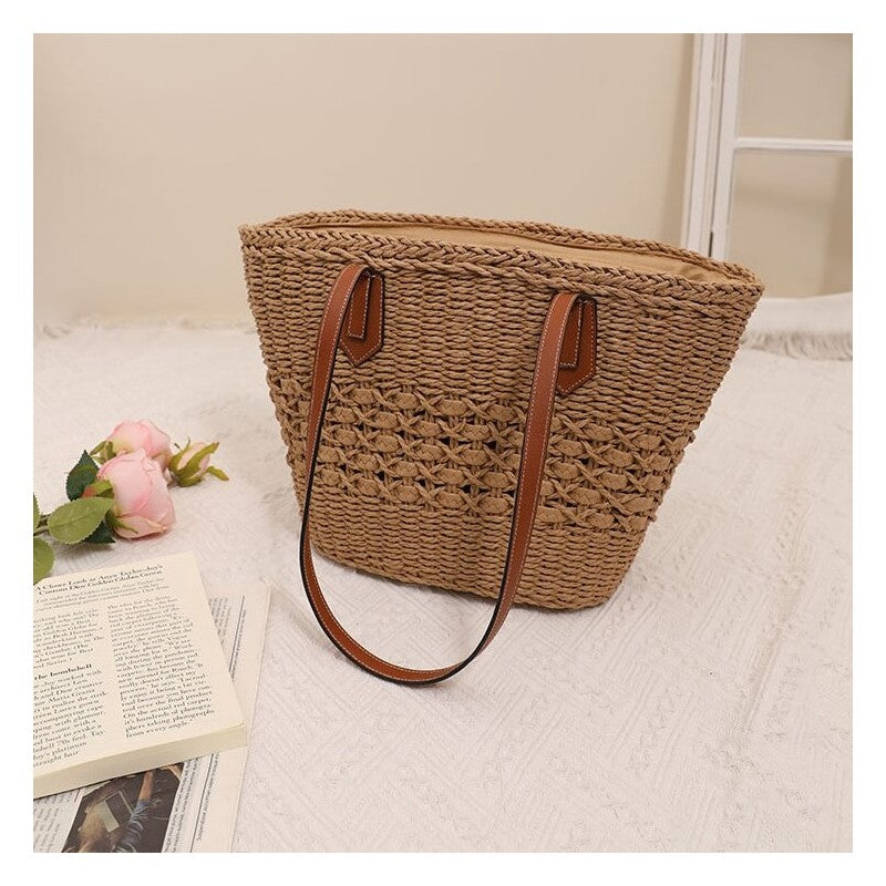 Straw Woven Tote with Hollow-Out Design and Spacious Interior