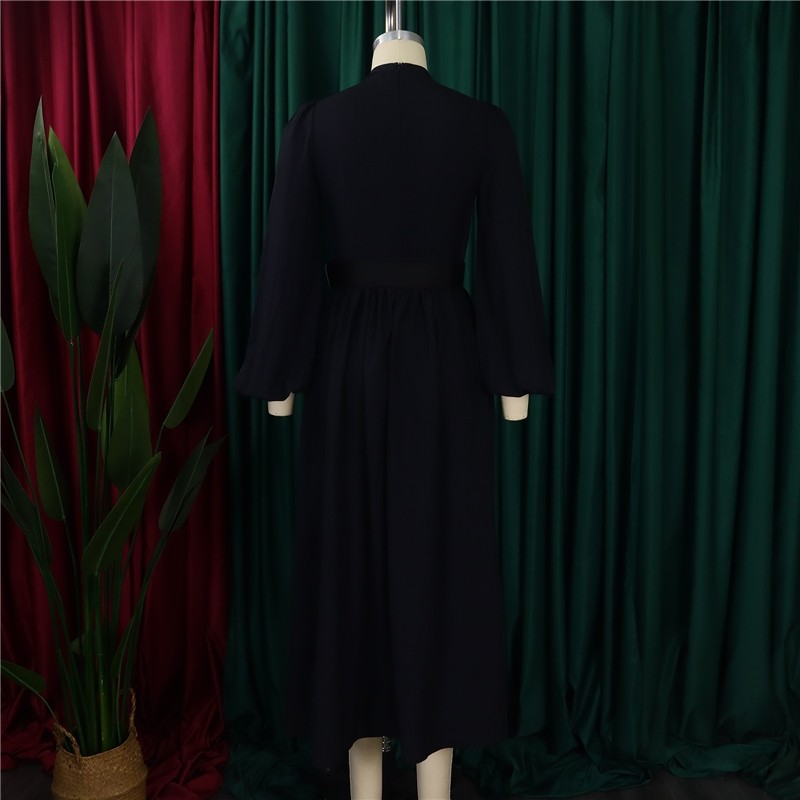 High Neck Seven-Sleeve Waist-Cinching Dress