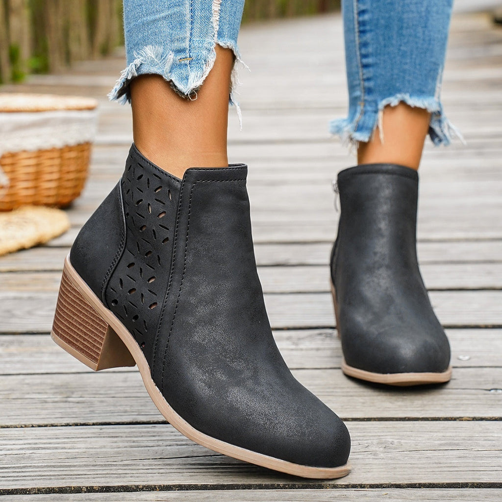 Women's Chunky Heel Pointed Toe Cutout Ankle Boots | British Style Side Zipper Booties | Sarah Express