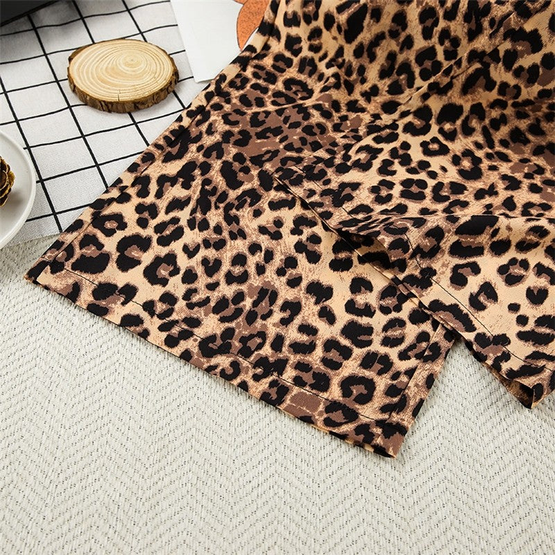 Leopard Print Long Sleeve Lapel Blouse with Waist Tie and Matching Pants Set - Loungewear Pajama Suit