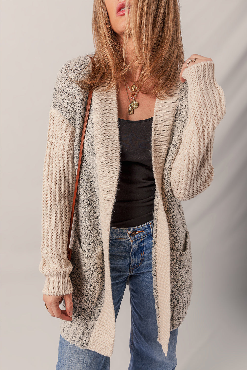 Color Block Side Pockets Open Front Cardigan