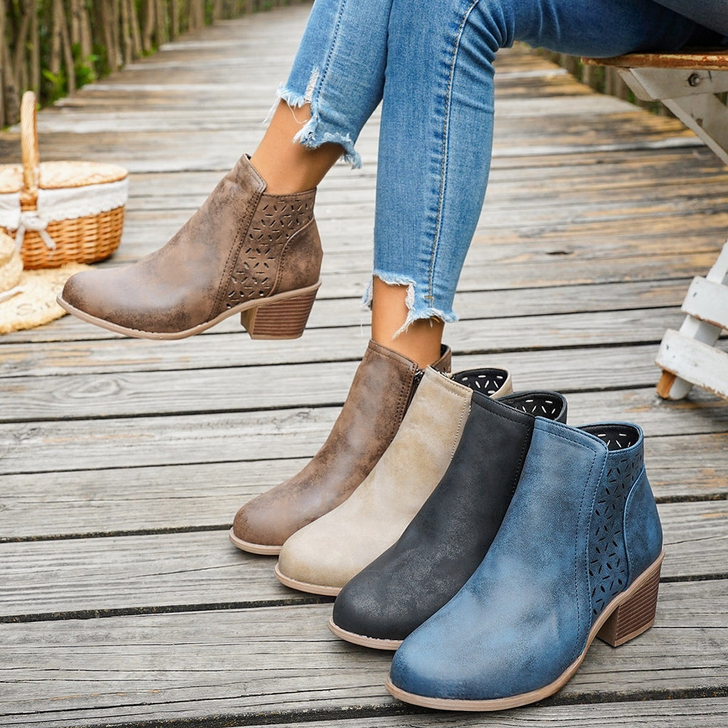 Women's Chunky Heel Pointed Toe Cutout Ankle Boots | British Style Side Zipper Booties | Sarah Express