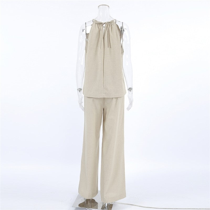 Sleeveless Top and Pants Pajama Set in Solid Color