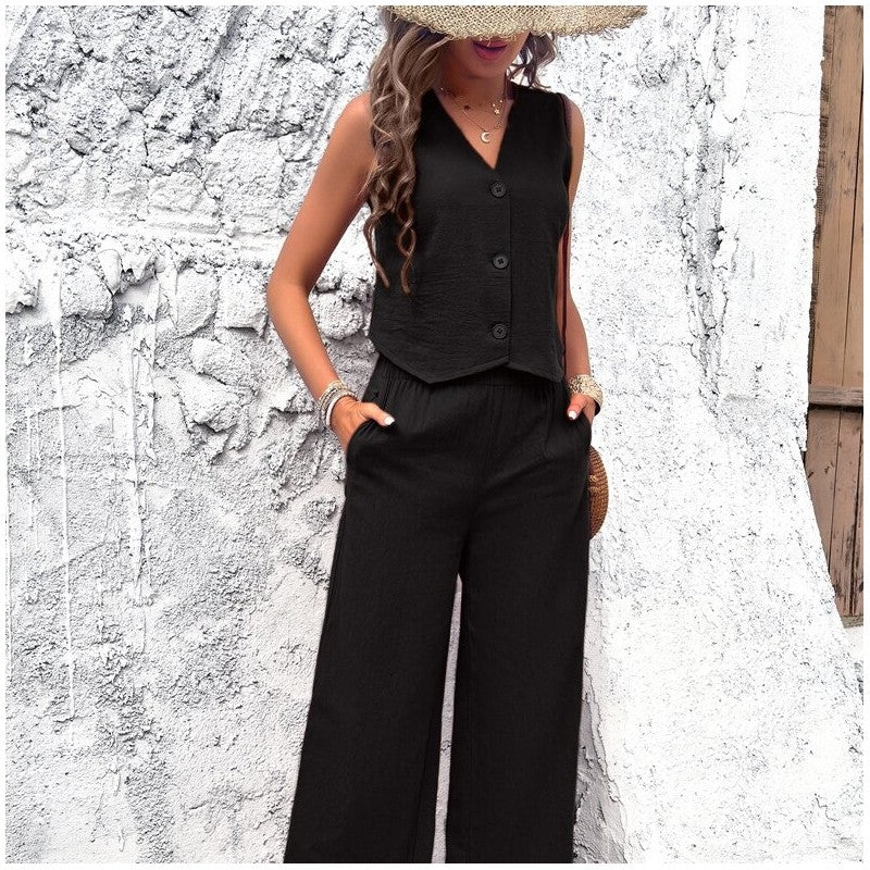 Stylish Sleeveless Vest Set with Solid Color Design for Casual Wear