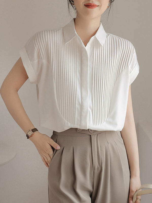 Loose Short Sleeves Buttoned Pleated Solid Color Split-Joint Lapel Blouses&Shirts Tops