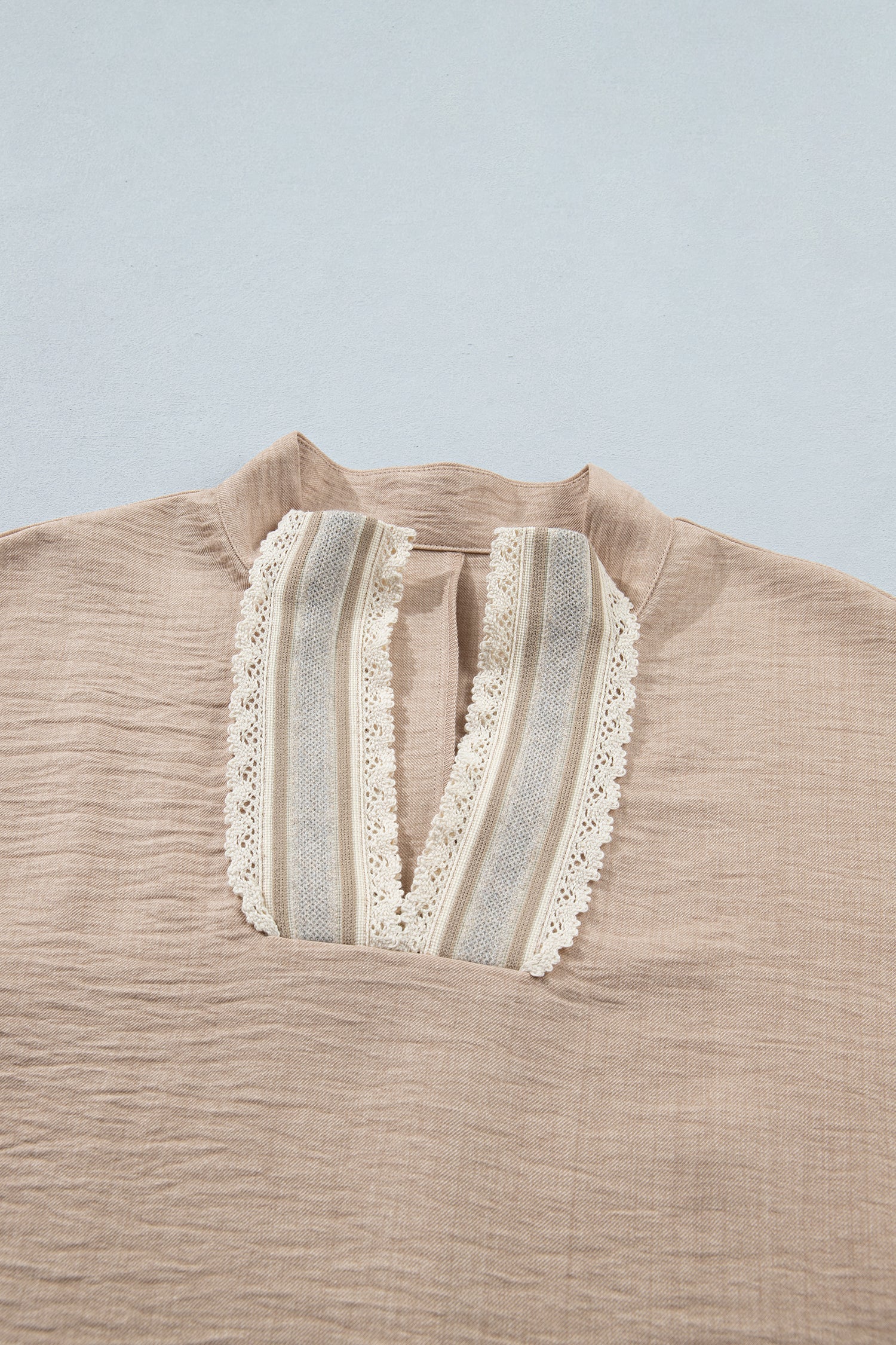 Parchment Crochet Lace Accent Pullover Rolled Short Sleeve Blouse