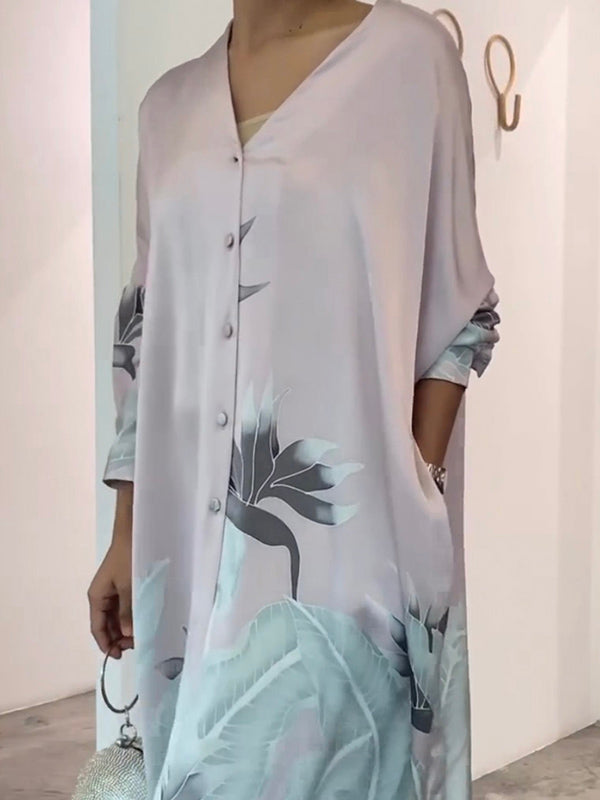 Long Sleeves Buttoned Contrast Color Flower&Leaves Print Muslim V-Neck Maxi Dress