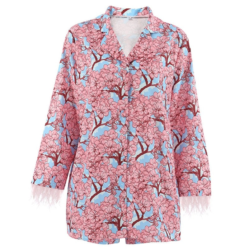 Long Sleeve Ostrich Print Shorts Pajama Set