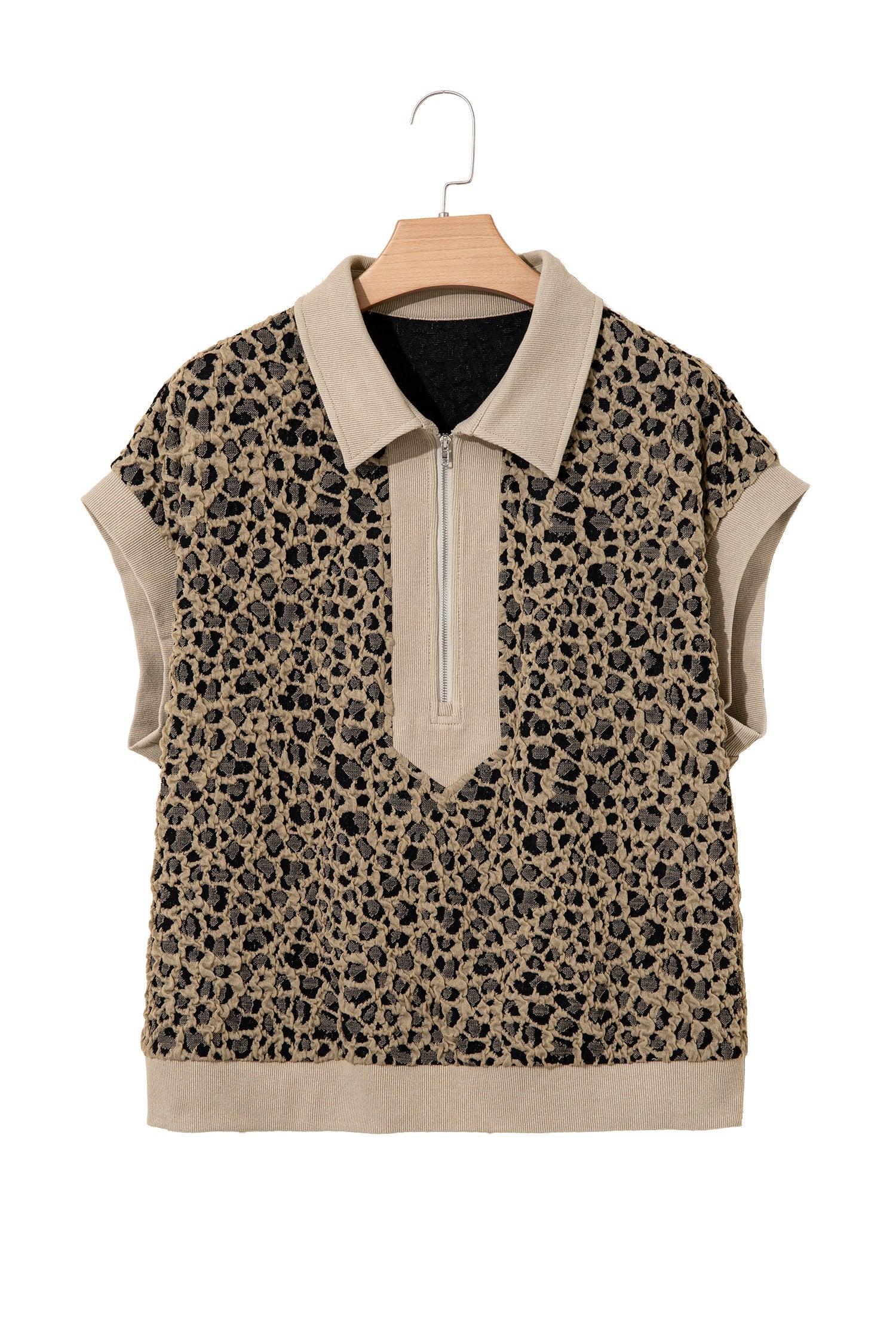 Beige Ribbed Patchwork Collar Cuffed Sleeve Leopard Plus Top