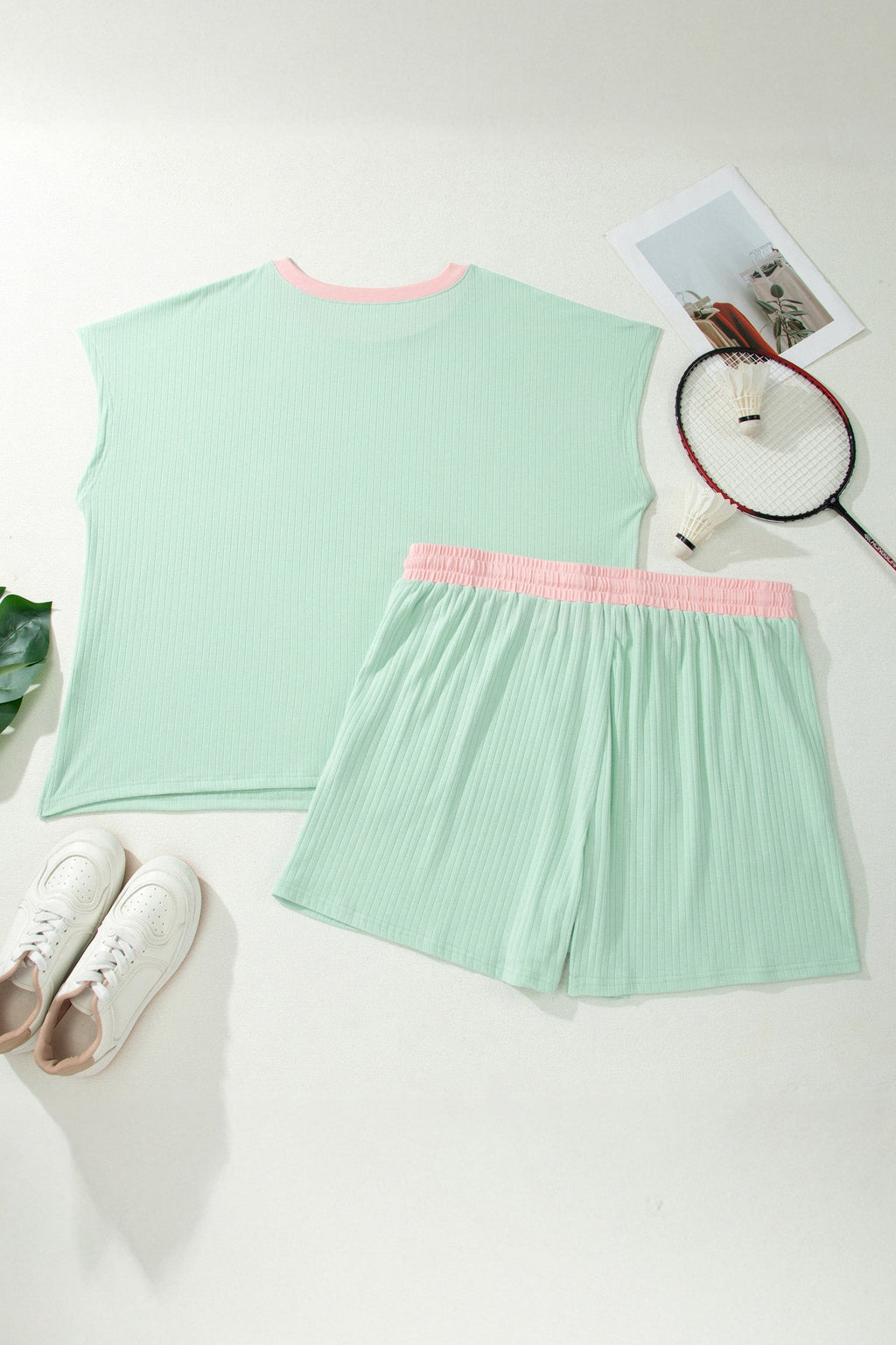 Clearly Aqua Plus Size Ribbed Color Block Trim Drawstring Shorts 2pcs Set