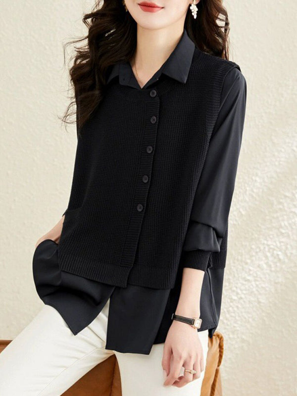 Long Sleeves Loose Solid Color Lapel  Inner Shirt + Buttoned Pockets Outer Knit Vest Two Pieces Set