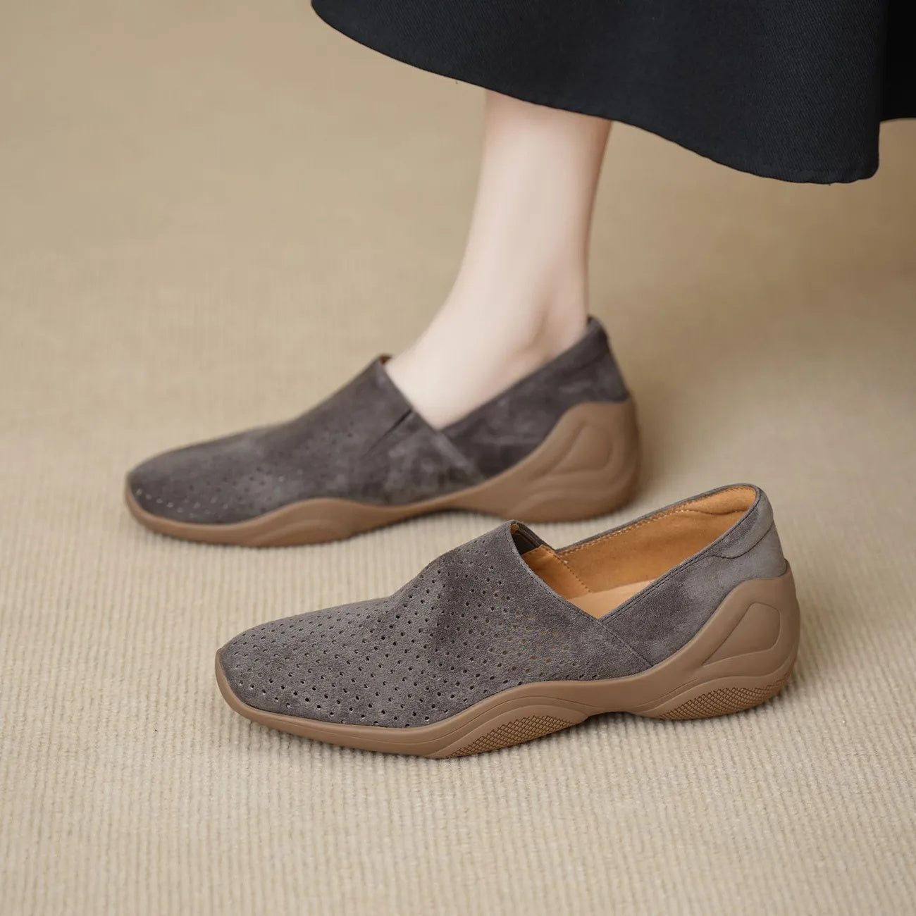 Women's Square Toe Hollowed-out Inner Wedge Heel Shoes | Sheepskin Slip-On Retro Comfort Flats | Sarah Express