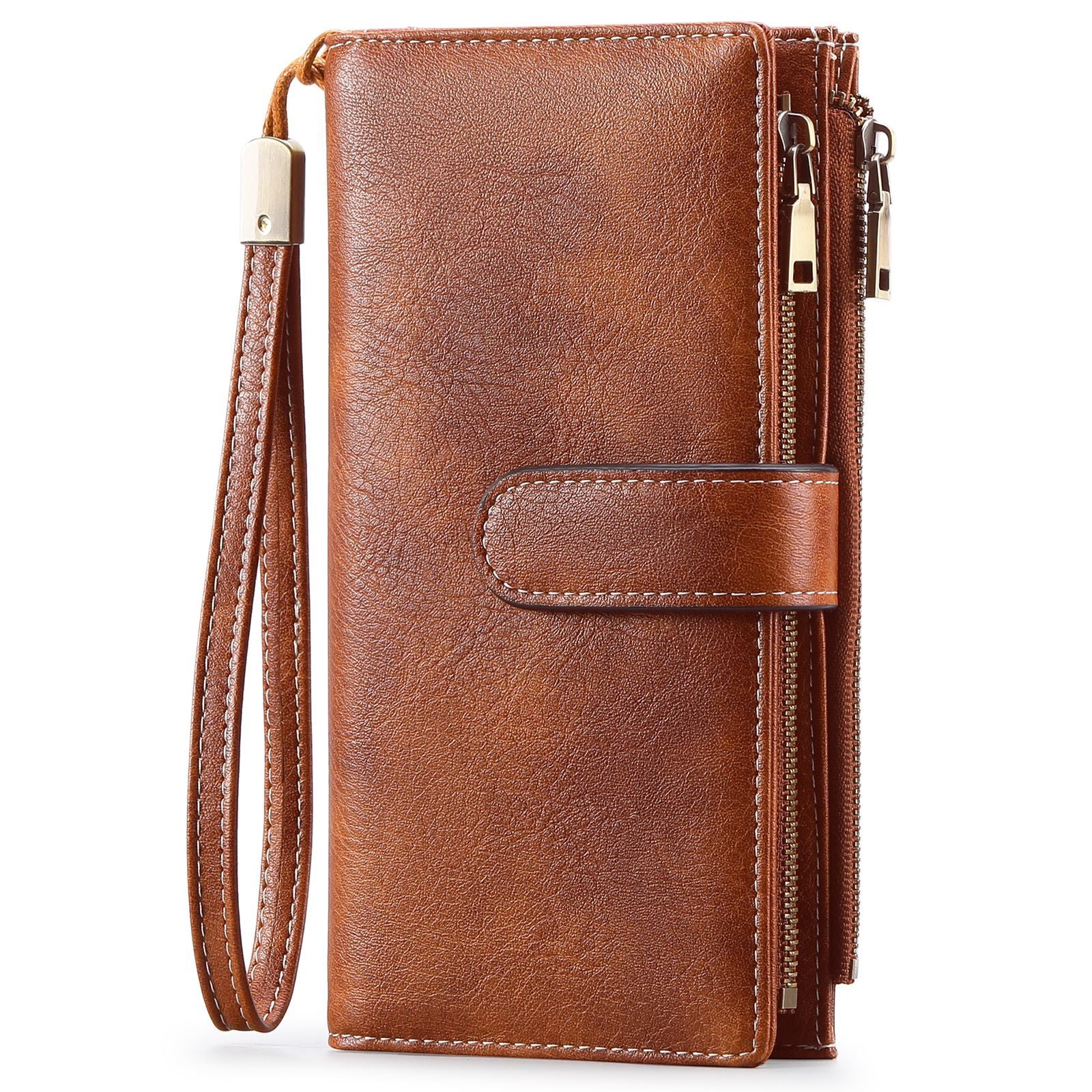 Women's Vintage Tri-Fold Wallet with RFID Protection - Oil Wax Leather Long Purse