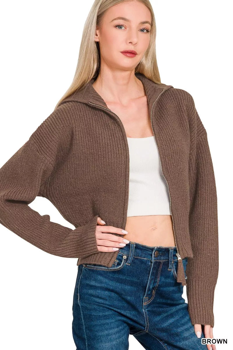 Ribbed Collared Zip Up Sweater Cardigan