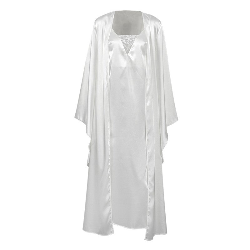 Lace Patchwork Nightdress and Robe Set with Adjustable Straps - Elegant Loungewear