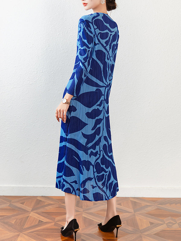 Fashion Floral Printed Pleated Long Sleeves Midi Dress