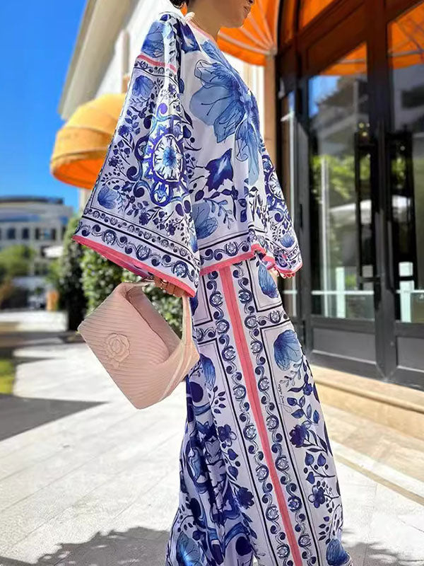 Flared Sleeves Long Sleeves Flower Print Round-Neck T-Shirts Top + Pants Bottom Two Pieces Set