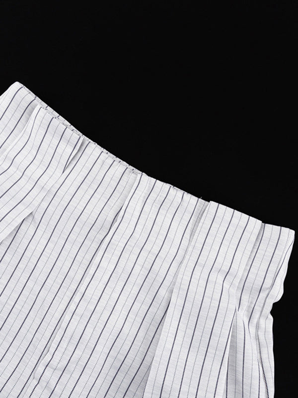 Long Sleeves Knot Split-Joint Striped Deep V-Neck Blouse + High Waisted Pleated Wide Leg Shorts Two Pieces Set