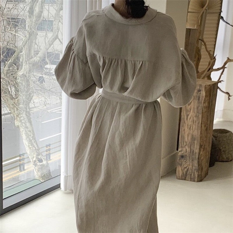 Solid Color Lantern Sleeve Over-The-Knee Long Dress