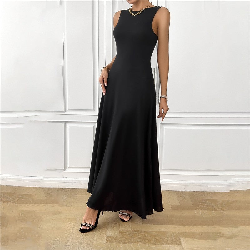 Solid Color Crewneck Sleeveless Backless Bandage Maxi Dress