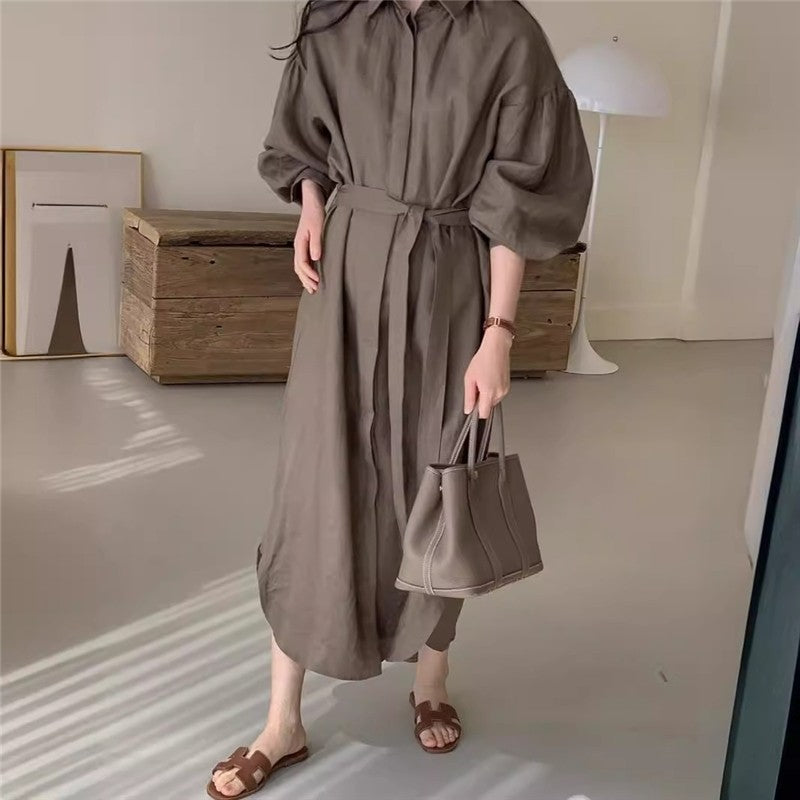 Solid Color Lantern Sleeve Over-The-Knee Long Dress