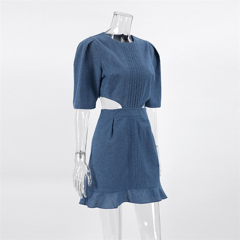 Denim Skirt with Bubble Sleeves and Low Waist - Casual Chic
