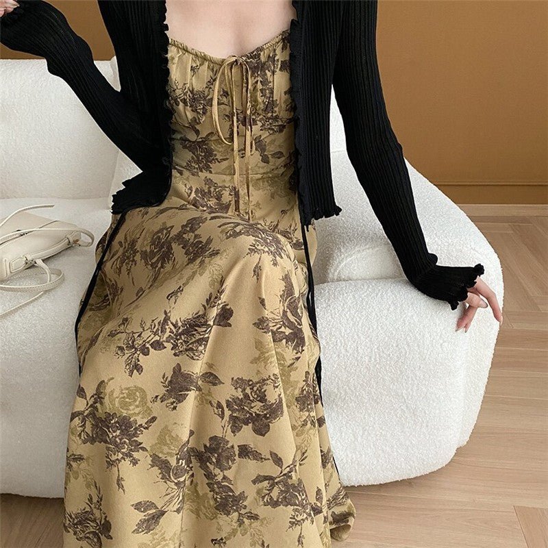 Floral Ink Print Strappy Waist-Tie Cami Dress