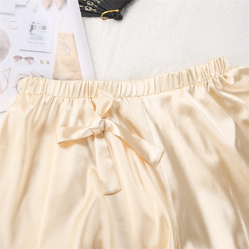 Solid Color Imitation Silk Long Sleeve Crop Top and Shorts Set - Sleepwear