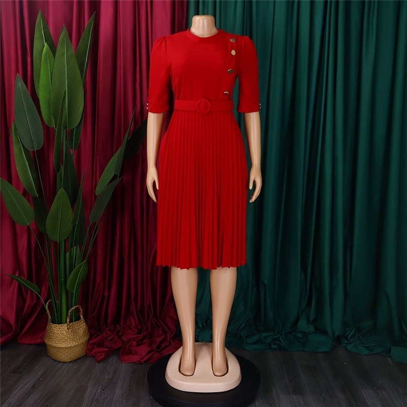 Solid Color Pleated Button Front Dress