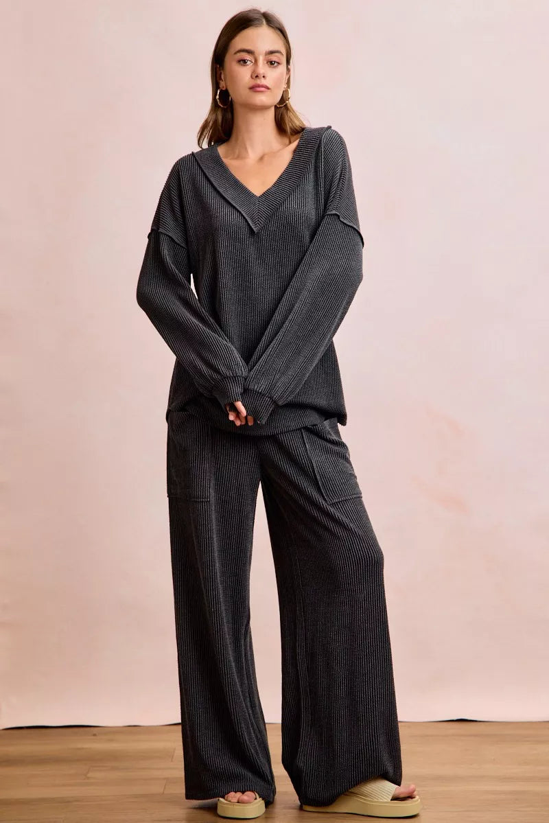 Two Tone Cord Rib Contrast Stitching V-Neck Top and Pants Set