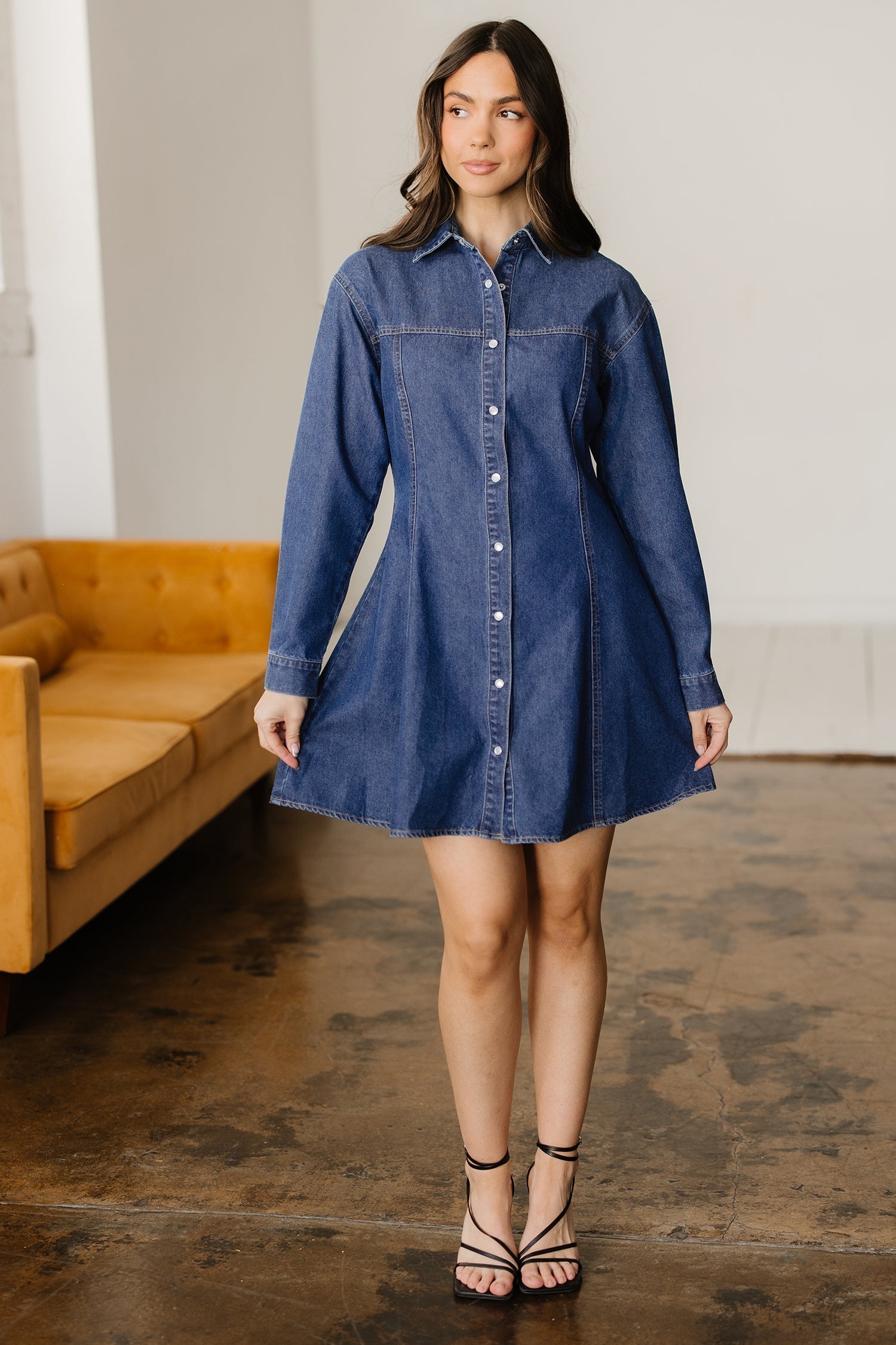 Denim Shirt Collar Long Sleeve Flared Mini Dress