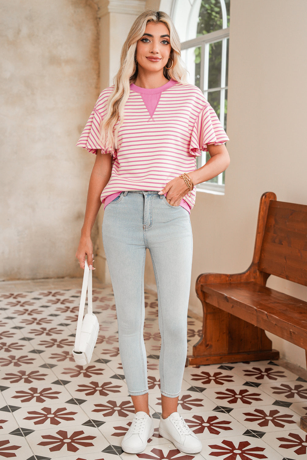 Parchment Striped Ruffle Sleeve Round Neck Top