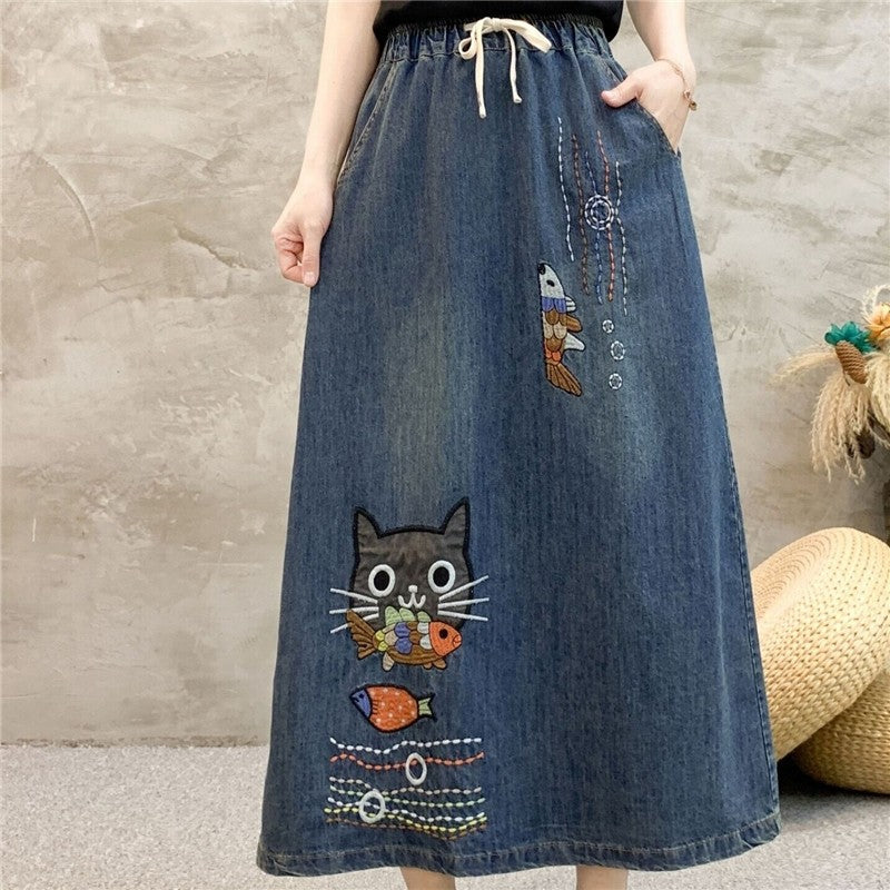Embroidered Floral High-Waisted Denim Skirt