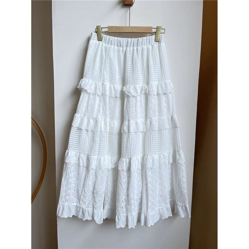 A-Line Lace Patchwork Skirt with Elastic Waist in Solid Color