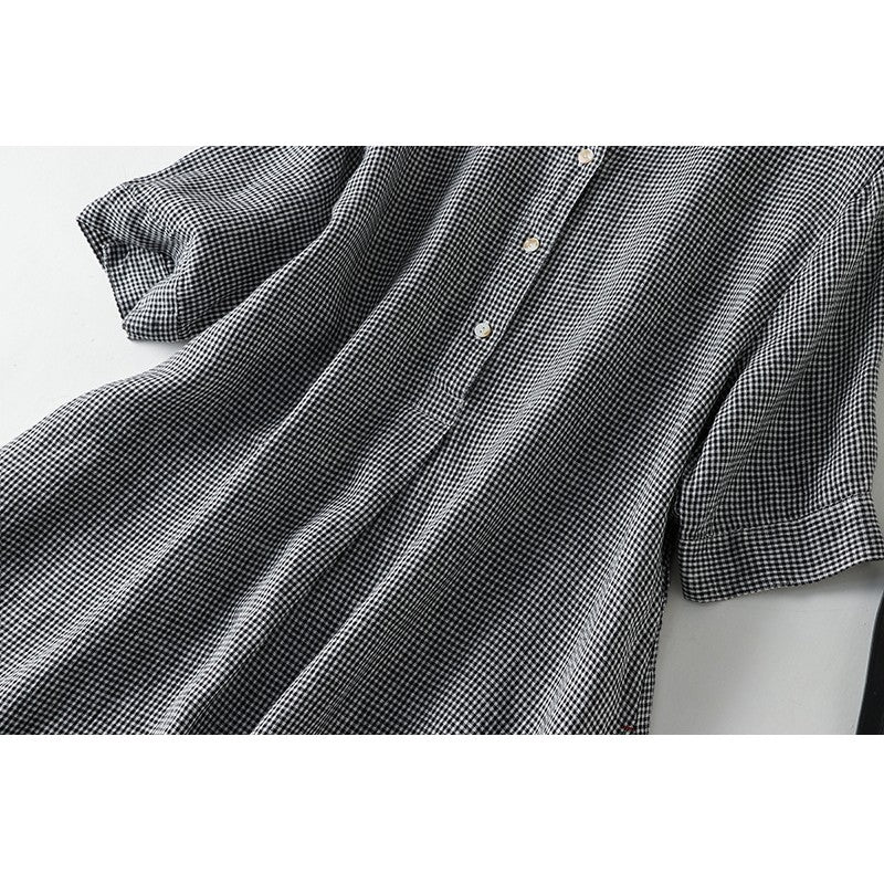 Short Sleeve Lapel A-Line Ramie Cotton Casual Retro Dress